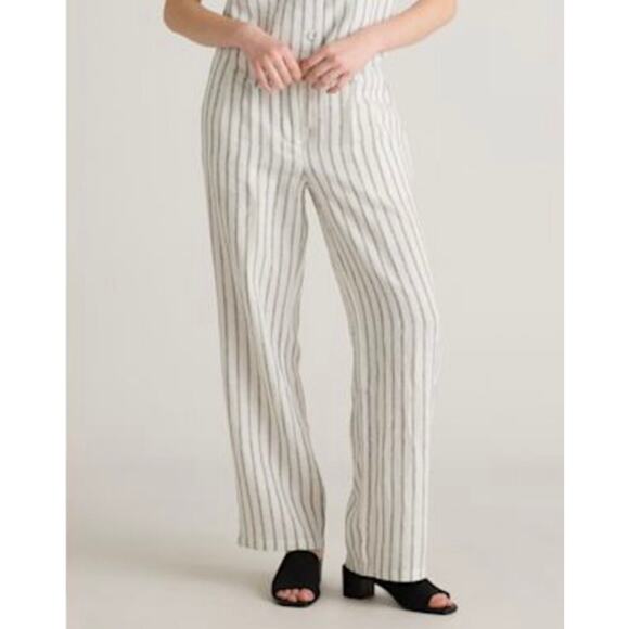 NWT Quince European Linen Pleated Trouser Oatmeal Black Stripe 4 - Picture 1 of 6